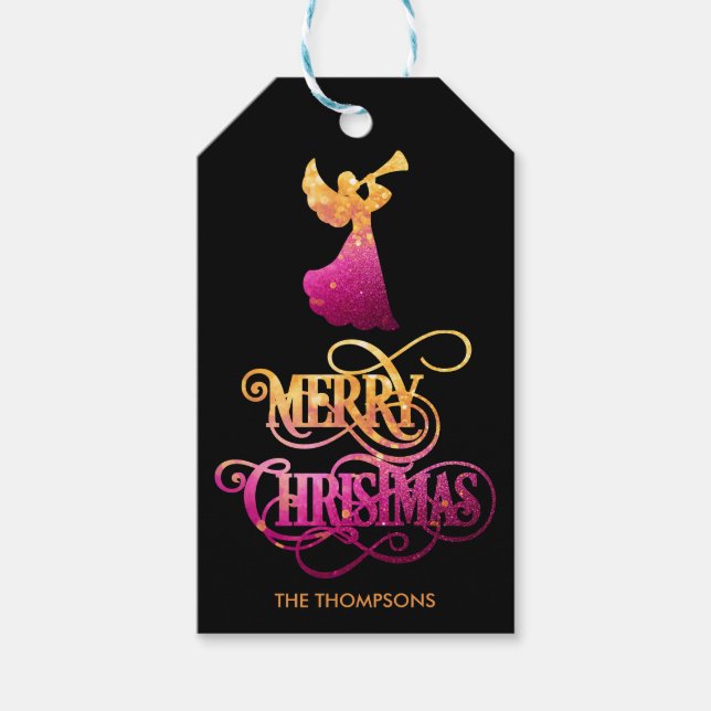 Eleganter Moderner Glitzer Angel Frohe Weihnachten Geschenkanhänger (Vorderseite)