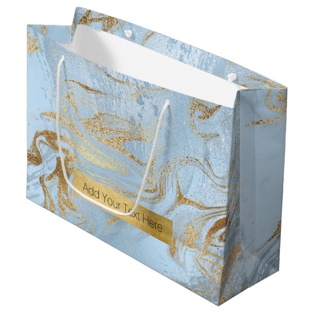 Eleganter moderner Glitzer aus Gold und hellblauem Große Geschenktüte (Vorderseite Schrägansicht)