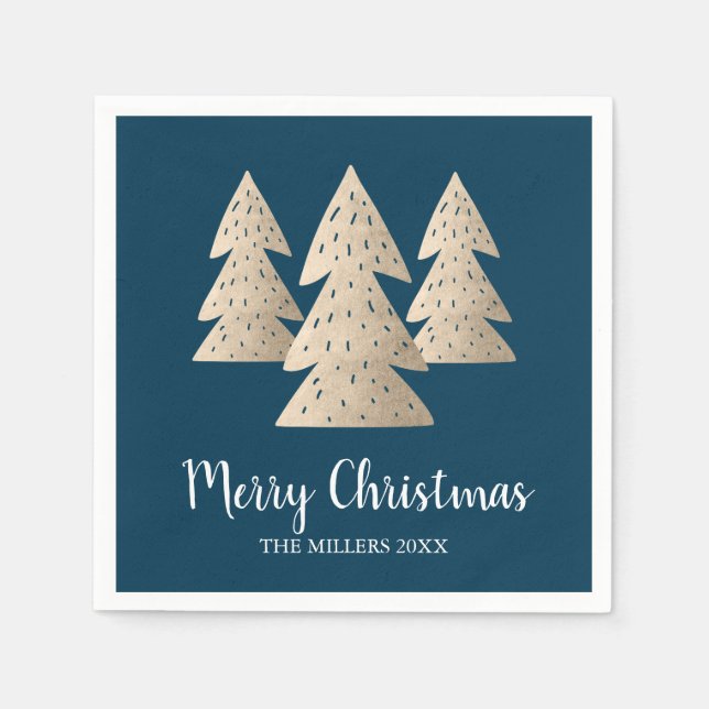 Eleganter moderner Gold & Blau Frohe Weihnachtsbau Serviette (Vorderseite)