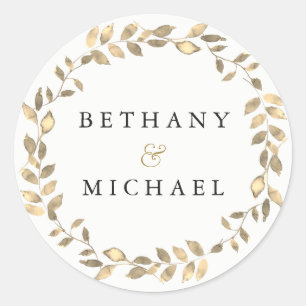 Eleganter moderner Goldleaf-Wreath-Heiratsname Runder Aufkleber