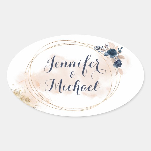 Eleganter moderner Goldrahmen Peach Blue Floral Ovaler Aufkleber (Vorderseite)