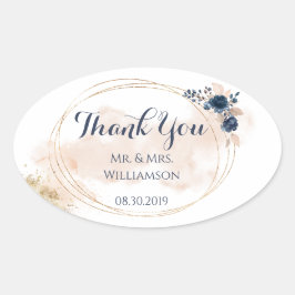 Eleganter moderner Goldrahmen Peach Blue Floral Ovaler Aufkleber