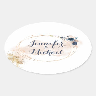 Eleganter moderner Goldrahmen Pfirsich Blau floral Ovaler Aufkleber