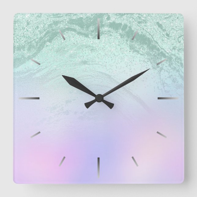 Eleganter moderner Gradientenminzgrün Glitzer lila Quadratische Wanduhr (Vorderseite)