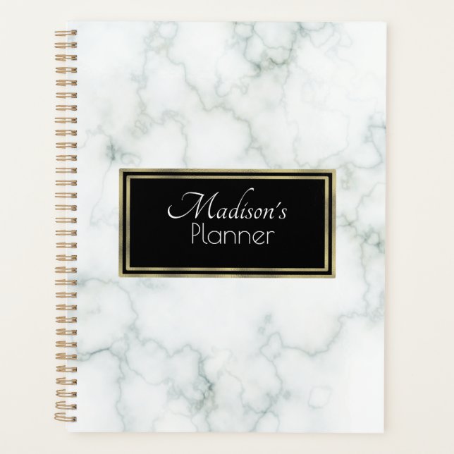 Eleganter moderner Graumarmorname Gold Planer (Vorderseite)