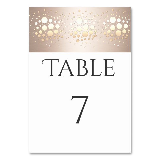 Eleganter moderner Konfetti aus Gold/Bronze Tischnummer (Vorderseite)