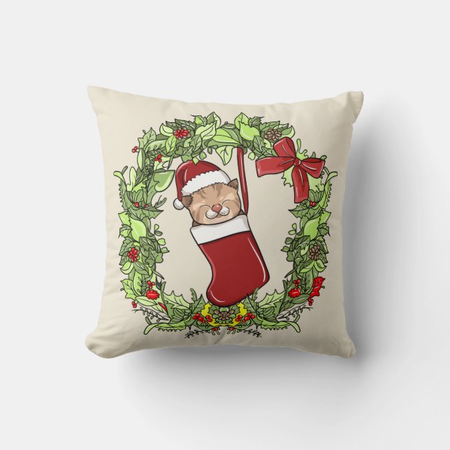 Eleganter moderner Kranz Weihnachts-Kitten im Stru Kissen (Vorderseite)