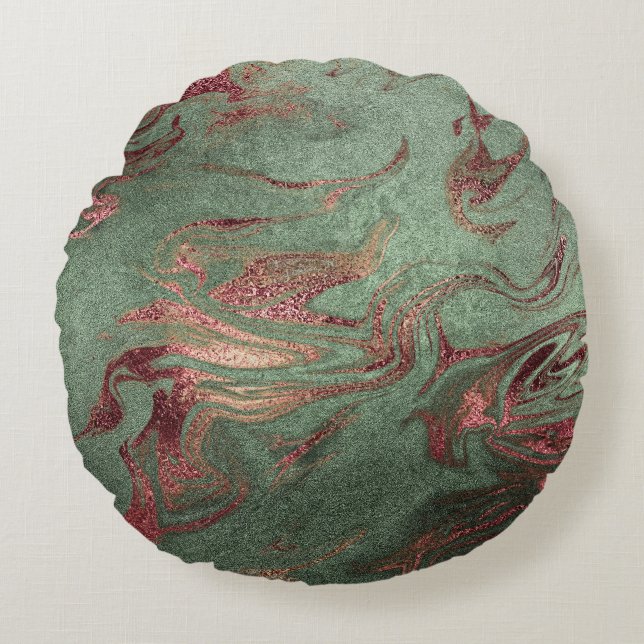 Eleganter, moderner Kupferstich mit goldgrünem Mar Rundes Kissen (Vorderseite)