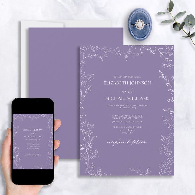 Eleganter moderner Lavendel Minimal Leaf Hochzeit Einladung (Von Creator hochgeladen)