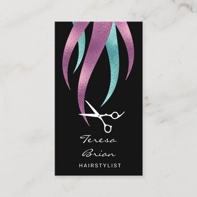 Eleganter moderner lila & blau-schere Friseursalon Visitenkarte (Vorderseite)