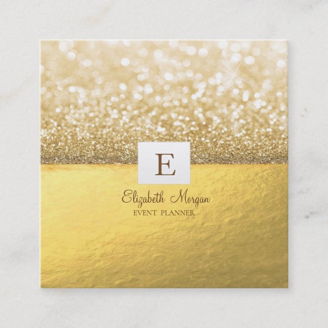 Eleganter moderner Monogram Gold Glitzer Bokeh Quadratische Visitenkarte (Vorderseite)