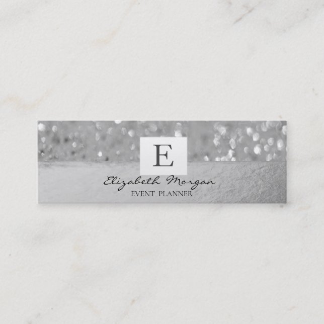 Eleganter moderner Monogram Silver Glitzer Bokeh Mini Visitenkarte (Vorderseite)