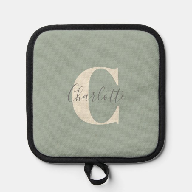 Eleganter moderner Monogrammname in Sage Green Topflappen (Vorderseite)