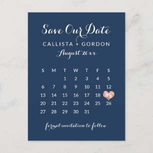 Eleganter moderner Navy Blue Rose Gold Herzkalende Ankündigungspostkarte