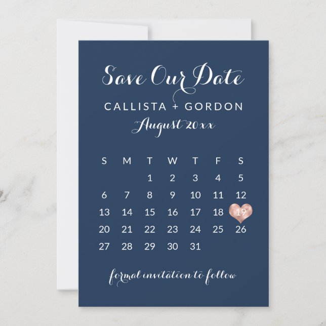 Eleganter moderner Navy Blue Rose Gold Herzkalende Save The Date (Vorderseite)