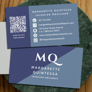 Eleganter moderner Navy Blue & White Monogram Qr C Visitenkarte