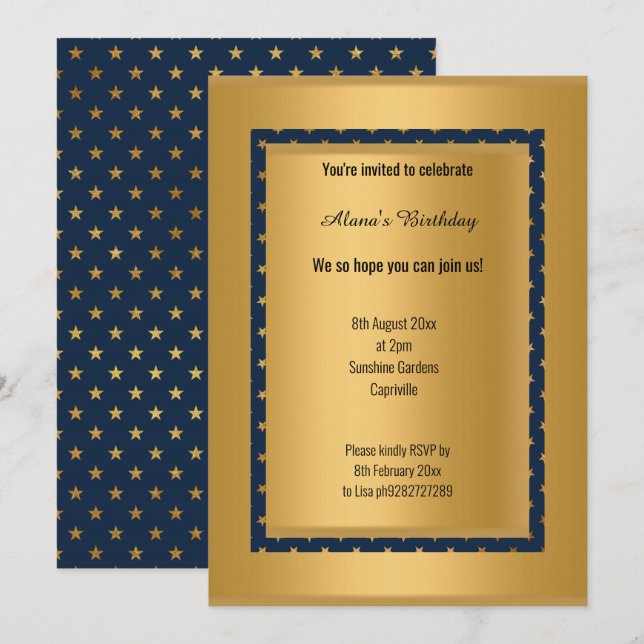 ELEGANTER MODERNER NAVY GOLD STAR GANZ OCASSIO GEB EINLADUNG (Vorne/Hinten)