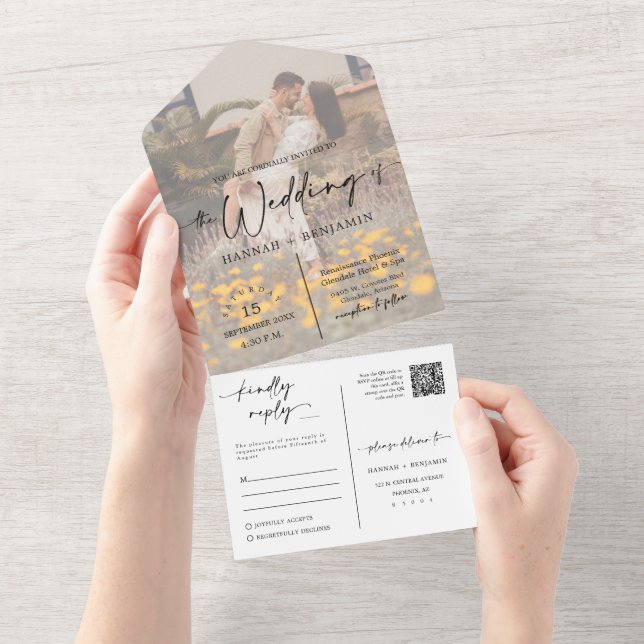 Eleganter moderner Navyblauer Boho-Bogen QR-Code F All In One Einladung (Abreißtisch)