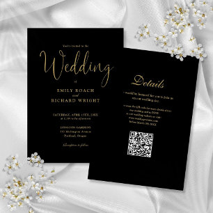 Eleganter moderner QR Code Black and Gold Wedding Einladung