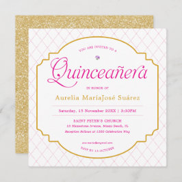 Eleganter moderner Rosa Gold Glitzer Quinceañera Einladung