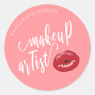 Eleganter, moderner Rot-Lippen-Rosa-Makeup-Künstl Runder Aufkleber