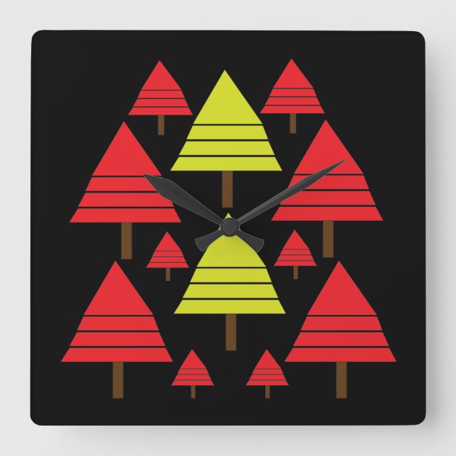 Eleganter moderner Roter Grüner Weihnachtsbaum Quadratische Wanduhr (Vorderseite)
