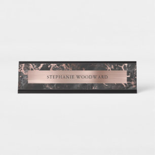 Eleganter, moderner Schwarzer Marmor Pinsel Rose G Schreibtischnamensplakette