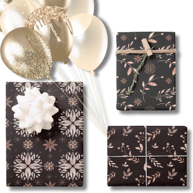 Eleganter moderner Schwarzer Winter oder Urlaub Bo Geschenkpapier Set (Elegant Black Winter Botanical Wrapping Paper Sheets)