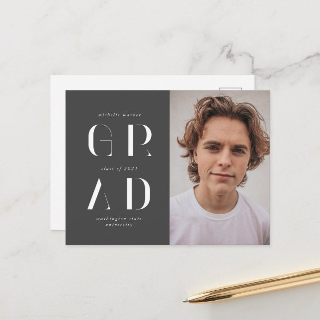 Eleganter moderner Script-Abschluss-Ankündigung Postkarte (Vorderseite/Rückseite Beispiel)