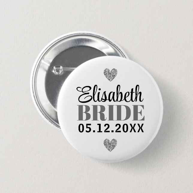 Eleganter moderner Script-Glitzer Hearts Gray Brid Button (Vorne & Hinten)