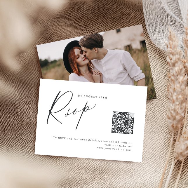Eleganter moderner Script minimalistischer QR-Code RSVP Karte (Elegant modern script minimalist wedding QR code RSVP Card)