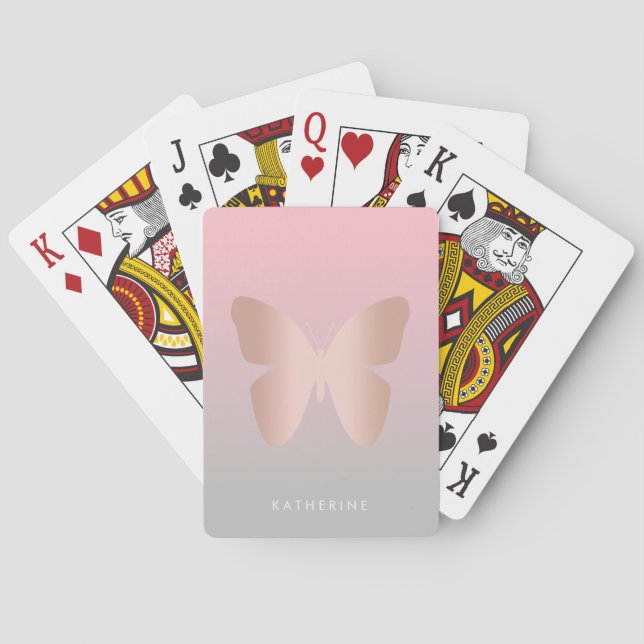 Eleganter moderner trendy Rosengoldschmetterling Spielkarten (Rückseite)