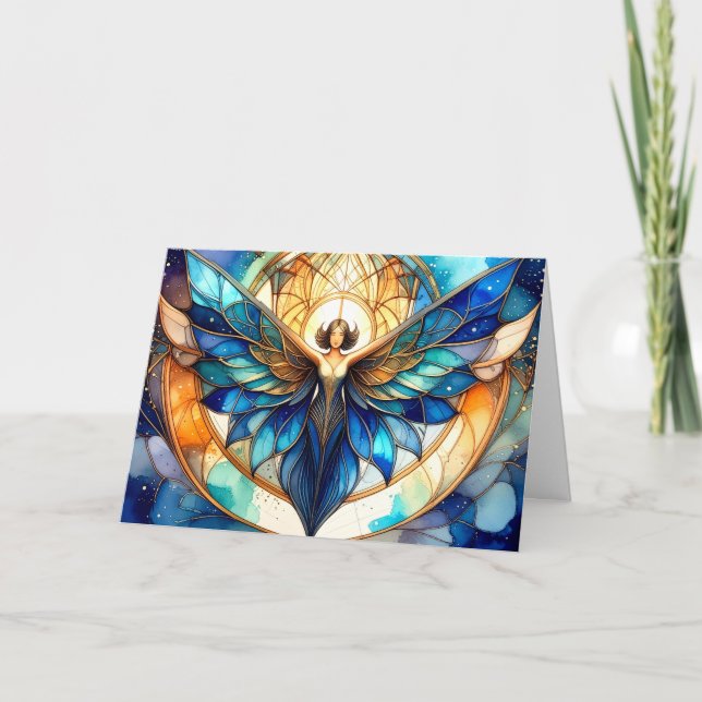 Eleganter moderner zeitgenössischer Glasengel mit  Feiertagskarte (Vorderseite)