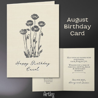 Eleganter Mohngestanzter August Birth Blume Linen Karte