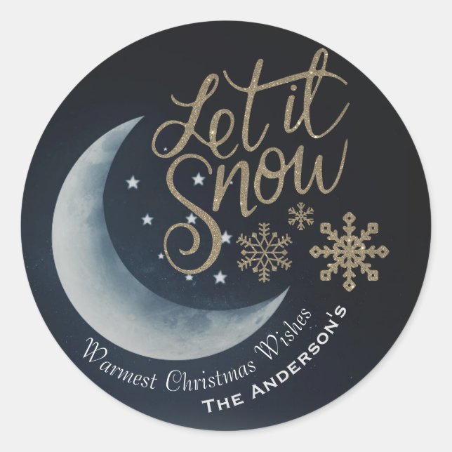 Eleganter Mond und Sterne Lass es Schnee Weihnacht Runder Aufkleber (Vorderseite)