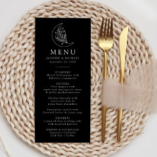 Eleganter Mond und Sterne Schwarz-Weiß-Hochzeit Menükarte