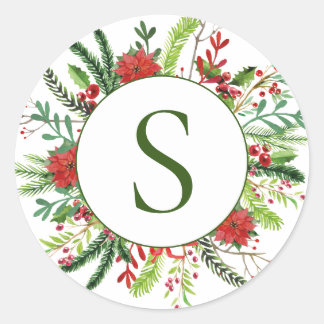 Eleganter Mongram Holiday Winter Wreath Runder Aufkleber