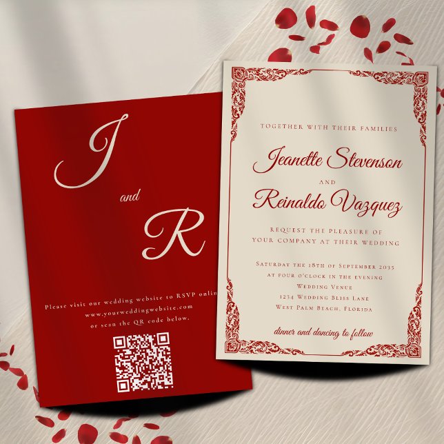 Eleganter monochromatischer Ruby Red QR Code Hochz Einladung (Von Creator hochgeladen)