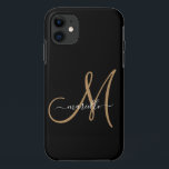 Eleganter Monogram Black Gold Name Case-Mate iPhone Hülle<br><div class="desc">Personalisiertes iPhone-Gehäuse mit einem Gold-Script-Initial,  und weiße Skriptnamen auf schwarz A moderne minimalistische Typografie Stil. Wählen Sie Ihr Gerätemodell für dieses Design aus.</div>
