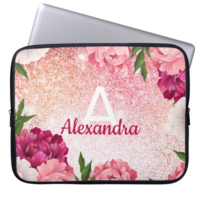 Eleganter Monogram Floral Glitzer Laptopschutzhülle (Vorderseite)