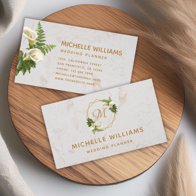 Eleganter Monogram Gold Calla Lilies Weißer Marmor Visitenkarte (Von Creator hochgeladen)