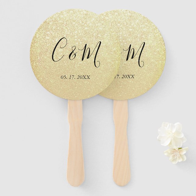 Eleganter Monogram Gold Glitzer Wedding Hand Fan Fächer (Vorne und Hinten)