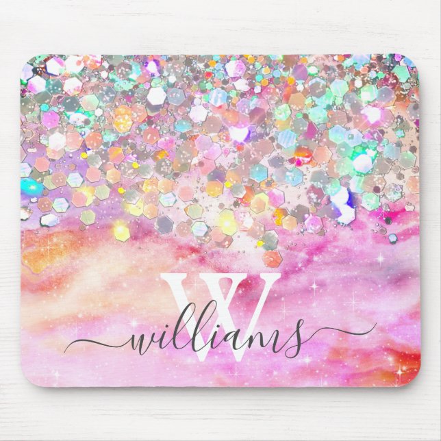 Eleganter Monogram Holographic Glitzer Pink Galaxy Mousepad (Vorne)