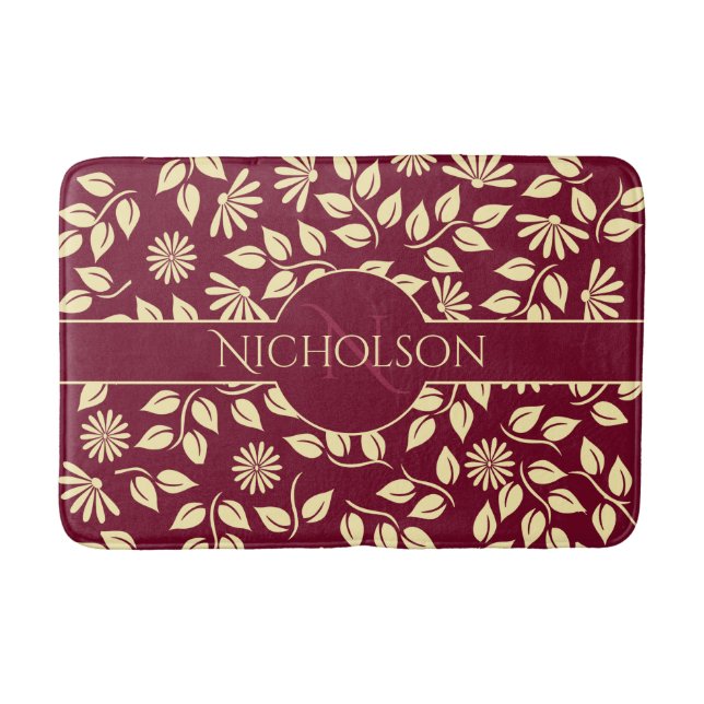 Eleganter Monogram Individuelle Name Leaf Daisy Bu Badematte (Vorderseite)