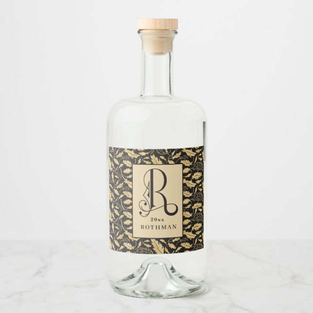 Eleganter Monogram Letter R, Black & Gold Leaf Alkoholflaschenetikett (Vorderseite)