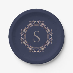 Eleganter Monogram Moderner klassischer Navy-Kupfe Pappteller
