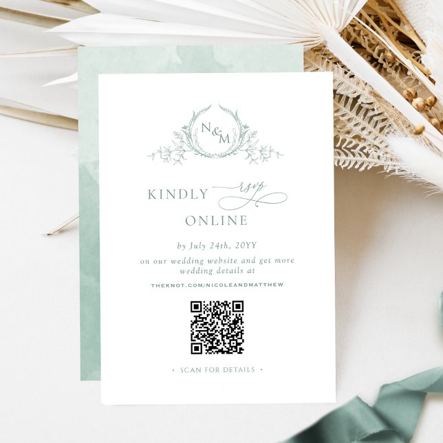 Eleganter Monogram Pale Green UAWG Online QR Code Begleitkarte (Von Creator hochgeladen)