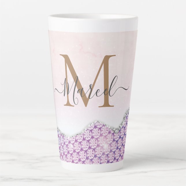 Eleganter Monogram Rose Rosa Glitzer Latte Tasse (Vorderseite)