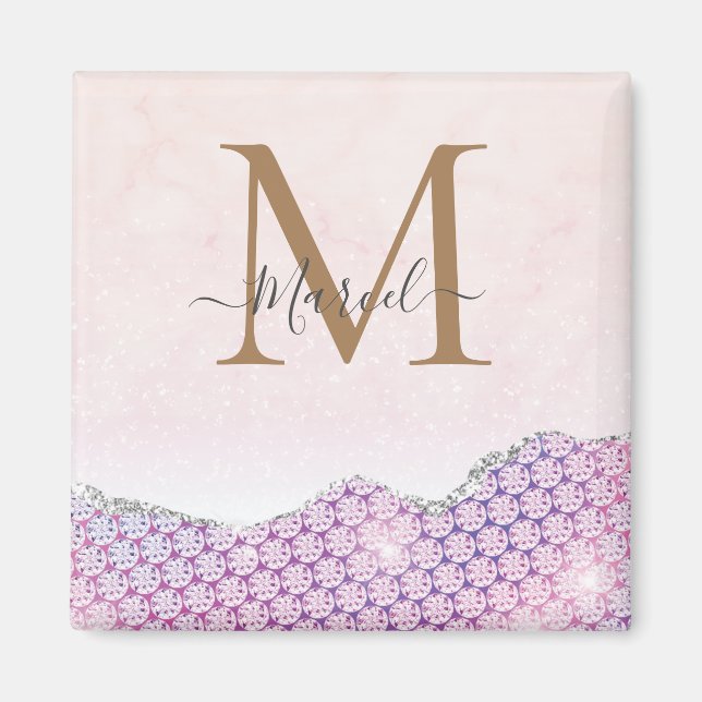 Eleganter Monogram Rose rosa Glitzer Magnet (Vorne)