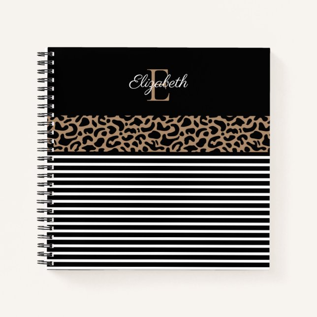 Eleganter Monogram, schwarzer Leopard, Animal Prin Notizbuch (Vorderseite)